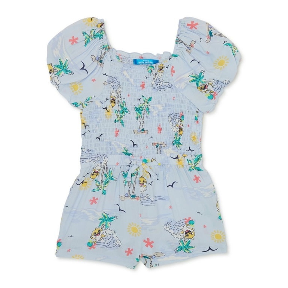 Baby Shark tropical ocean palm tree smocked romper